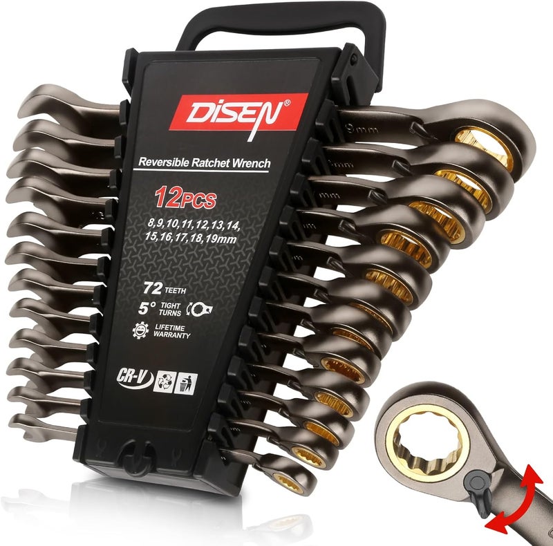 DISEN 12-Piece Reversible Ratcheting Wrench Set, Combination Wrench Set Metric 8-19MM, 72-Tooth, CR-V Steel, Nickel Plating, Crank Design with Organizer Rack - Image 1